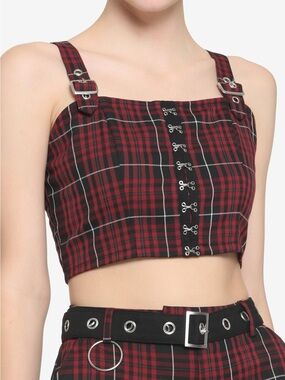 Gothic Punk Red and Black Plaid Hook-and-Eye Cropped Tank